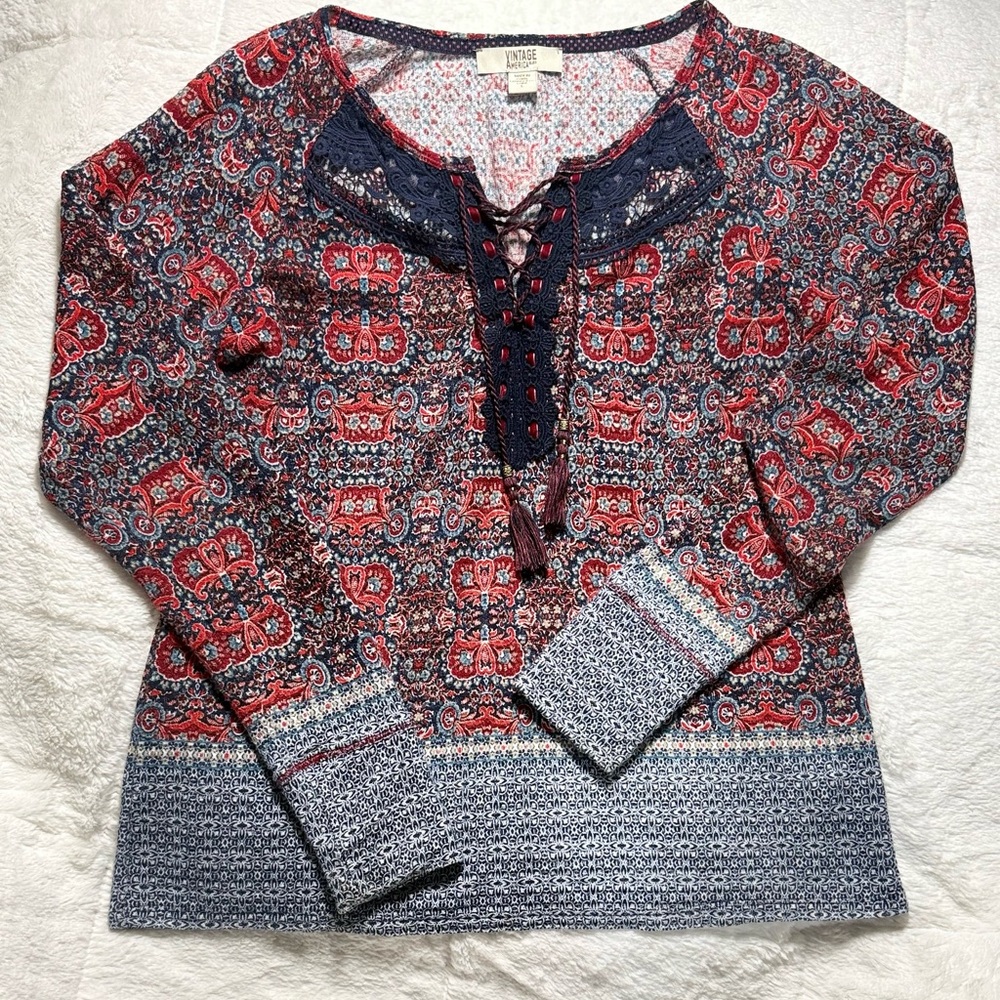 Women’s Vintage America Blues Boho Chic Red and Blue Patterned Blouse Sz Large
